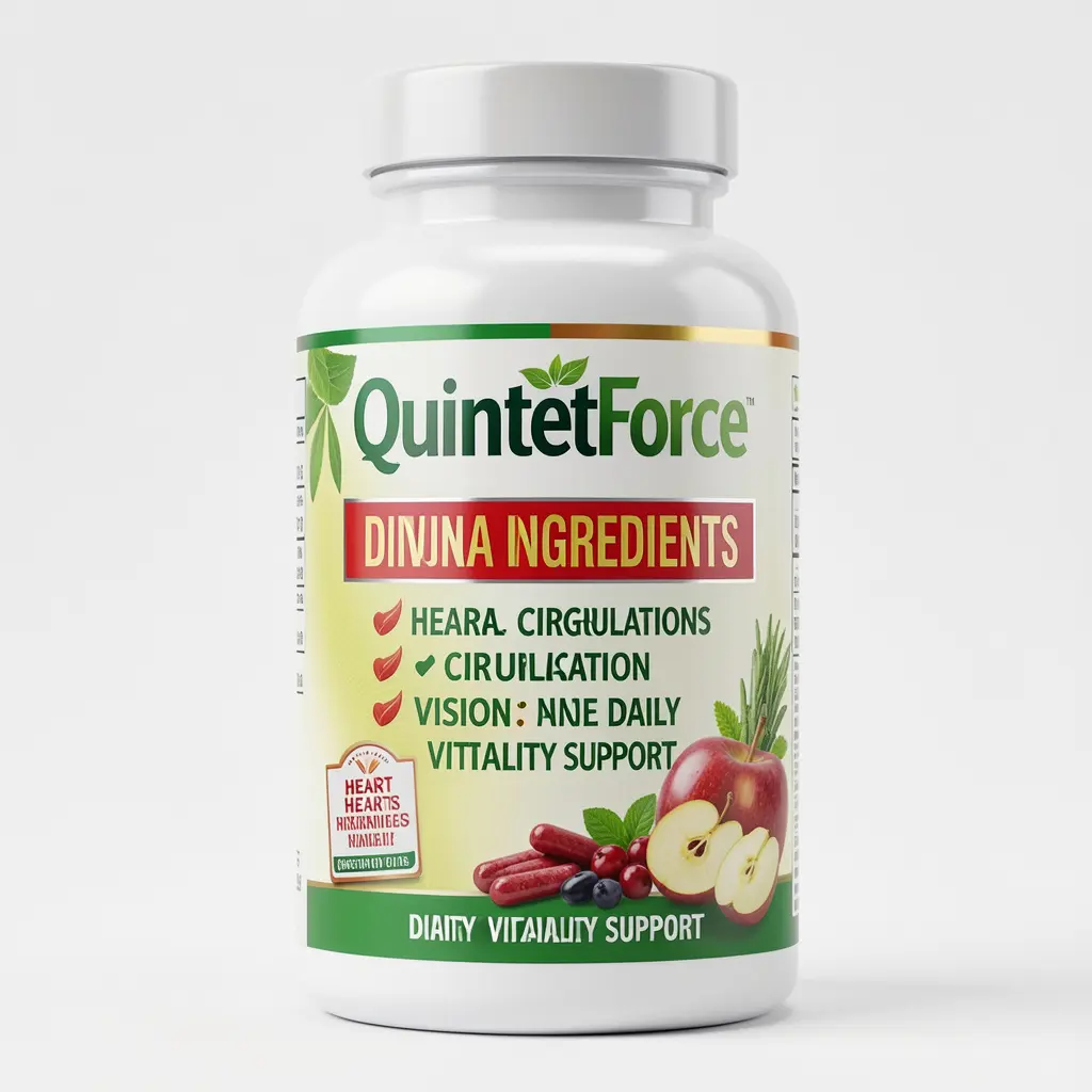 QuintetForce dietary supplement bottle with natural ingredients for heart, circulation, digestion, vision, and daily vitality support